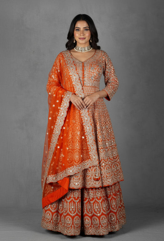 Burnt Orange Zari & Mirror Embroidered Anarkali Lehenga Set with Net Dupatta