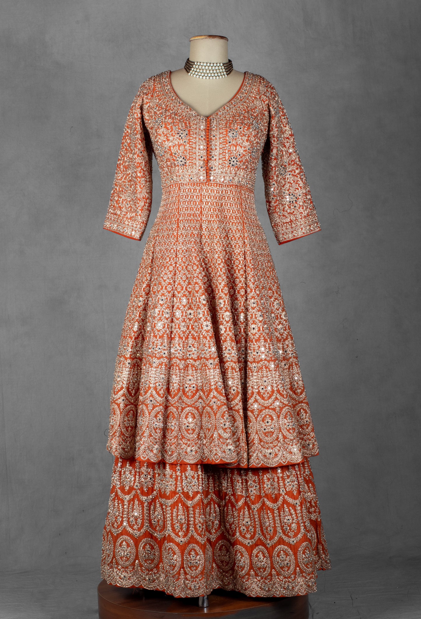 Burnt Orange Zari & Mirror Embroidered Anarkali Lehenga Set with Net Dupatta