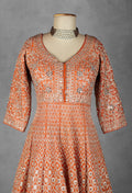Burnt Orange Zari & Mirror Embroidered Anarkali Lehenga Set with Net Dupatta