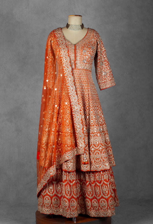 Burnt orange zari and mirror embroidered Anarkali lehenga set – product image 2