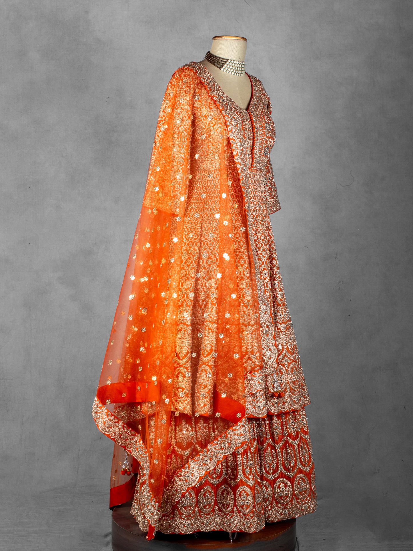 Burnt Orange Zari & Mirror Embroidered Anarkali Lehenga Set with Net Dupatta