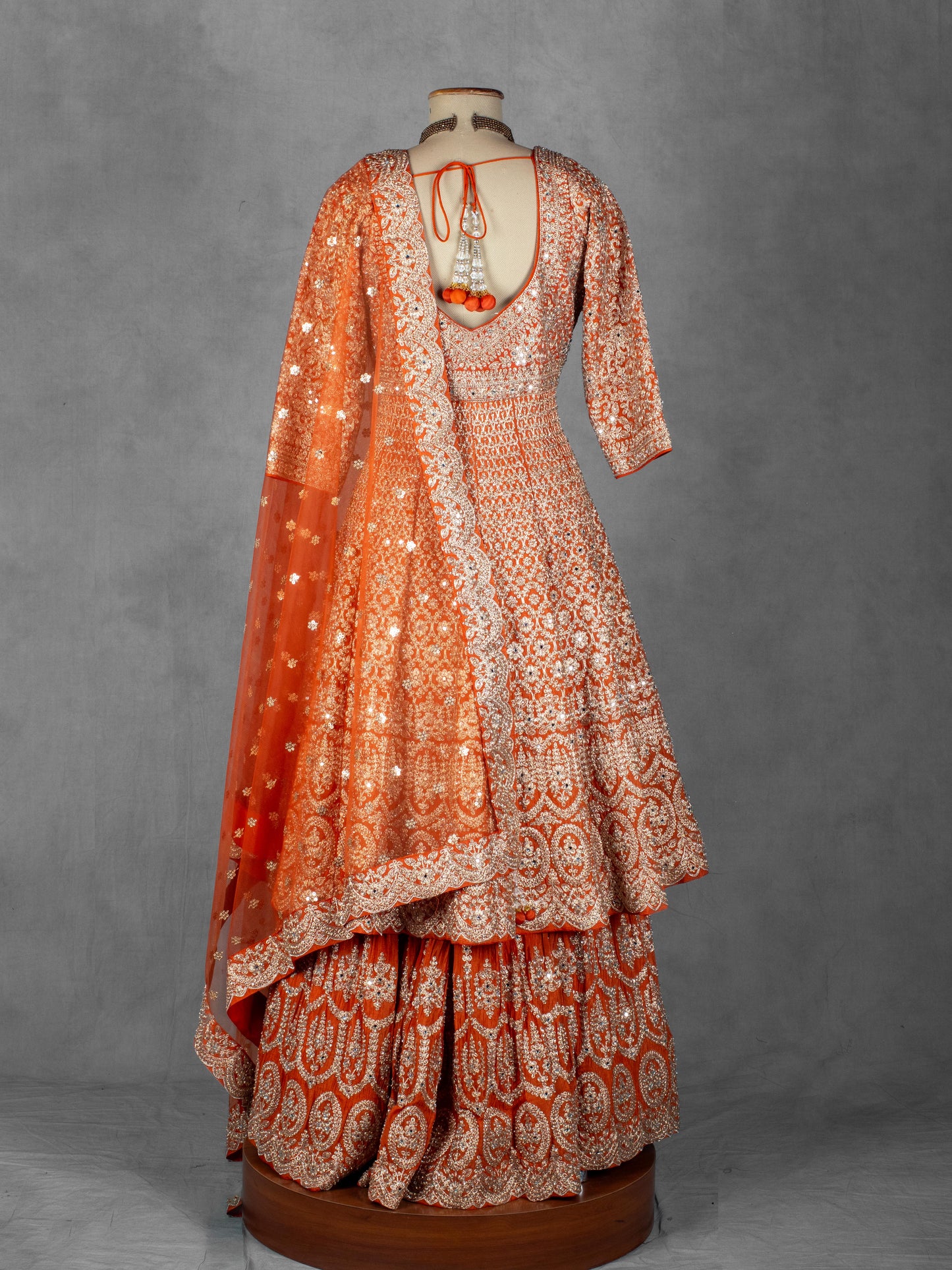 Burnt Orange Zari & Mirror Embroidered Anarkali Lehenga Set with Net Dupatta