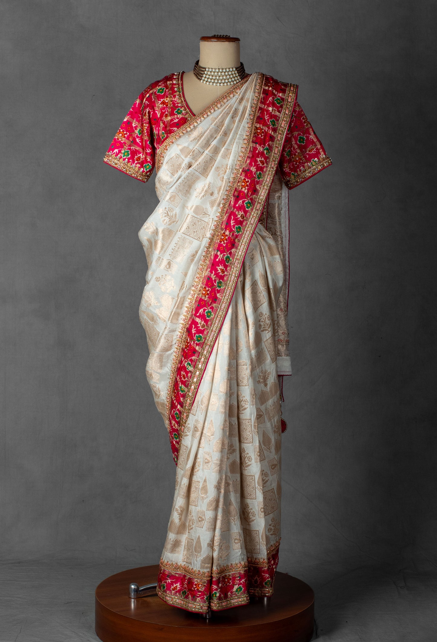 Ivory and Red Banarasi Silk Saree with Hand-Embroidered Blouse