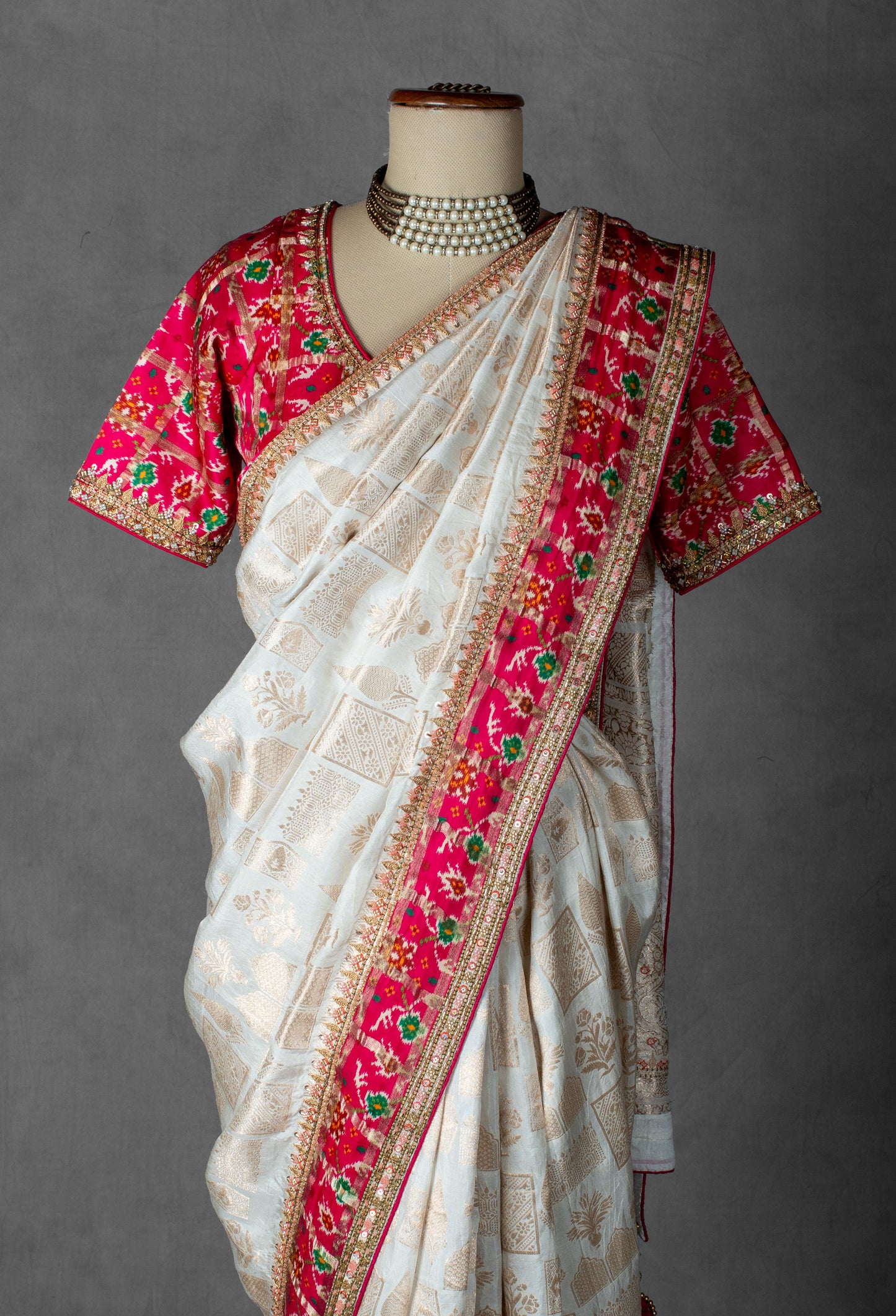 Ivory and Red Banarasi Silk Saree with Hand-Embroidered Blouse