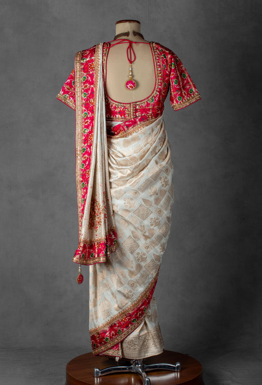 Ivory and red Banarasi silk saree with embroidered blouse – product image 2