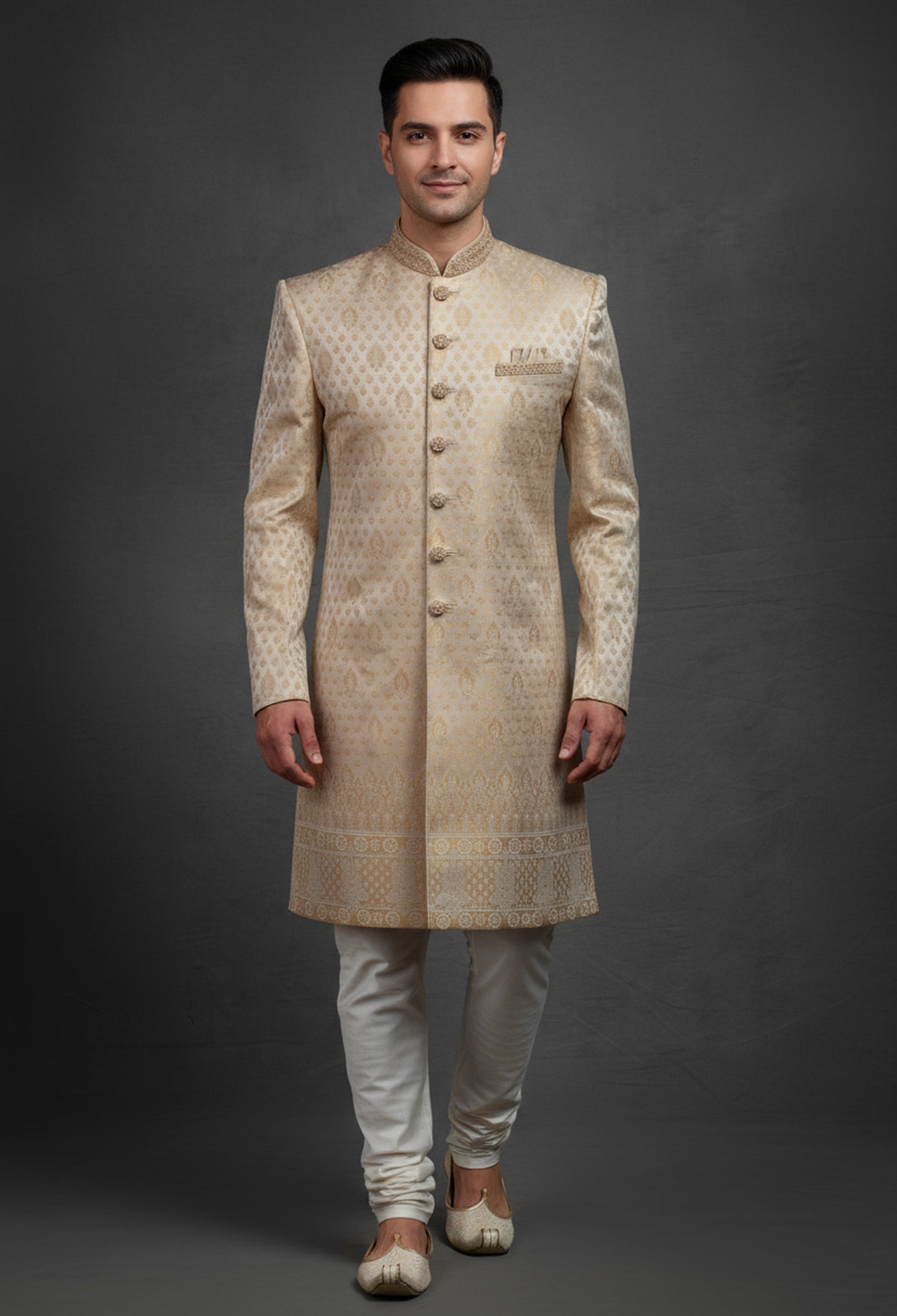 Gold Beige Jacquard Sherwani for Men