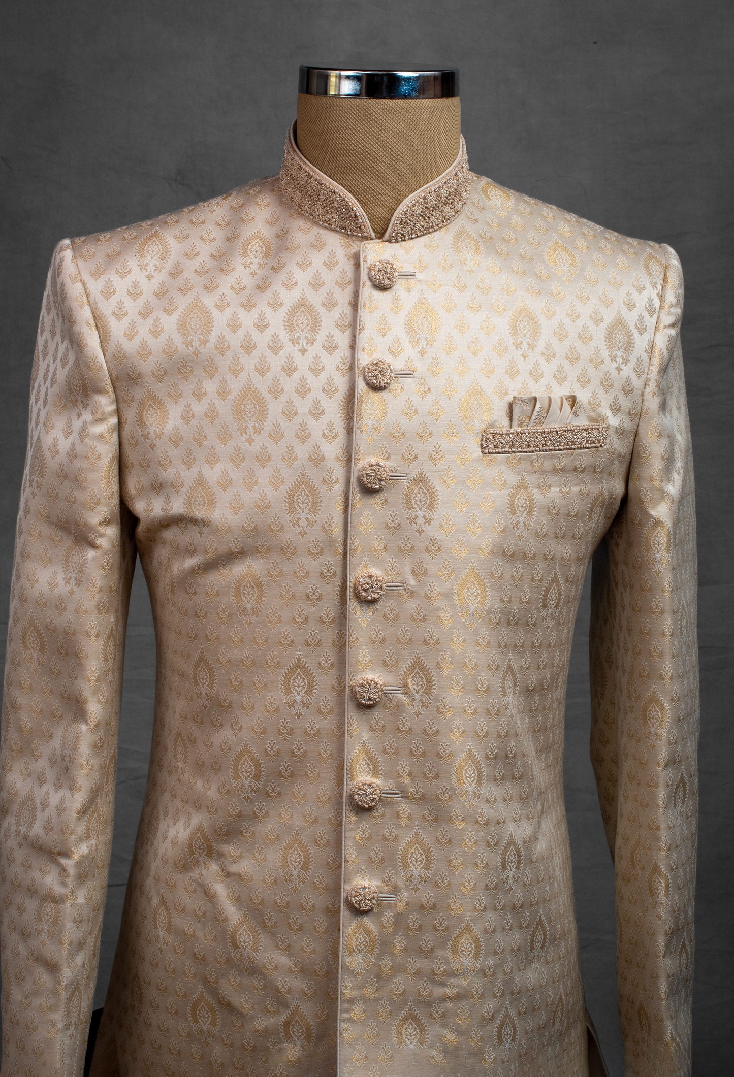 Gold Beige Jacquard Sherwani for Men