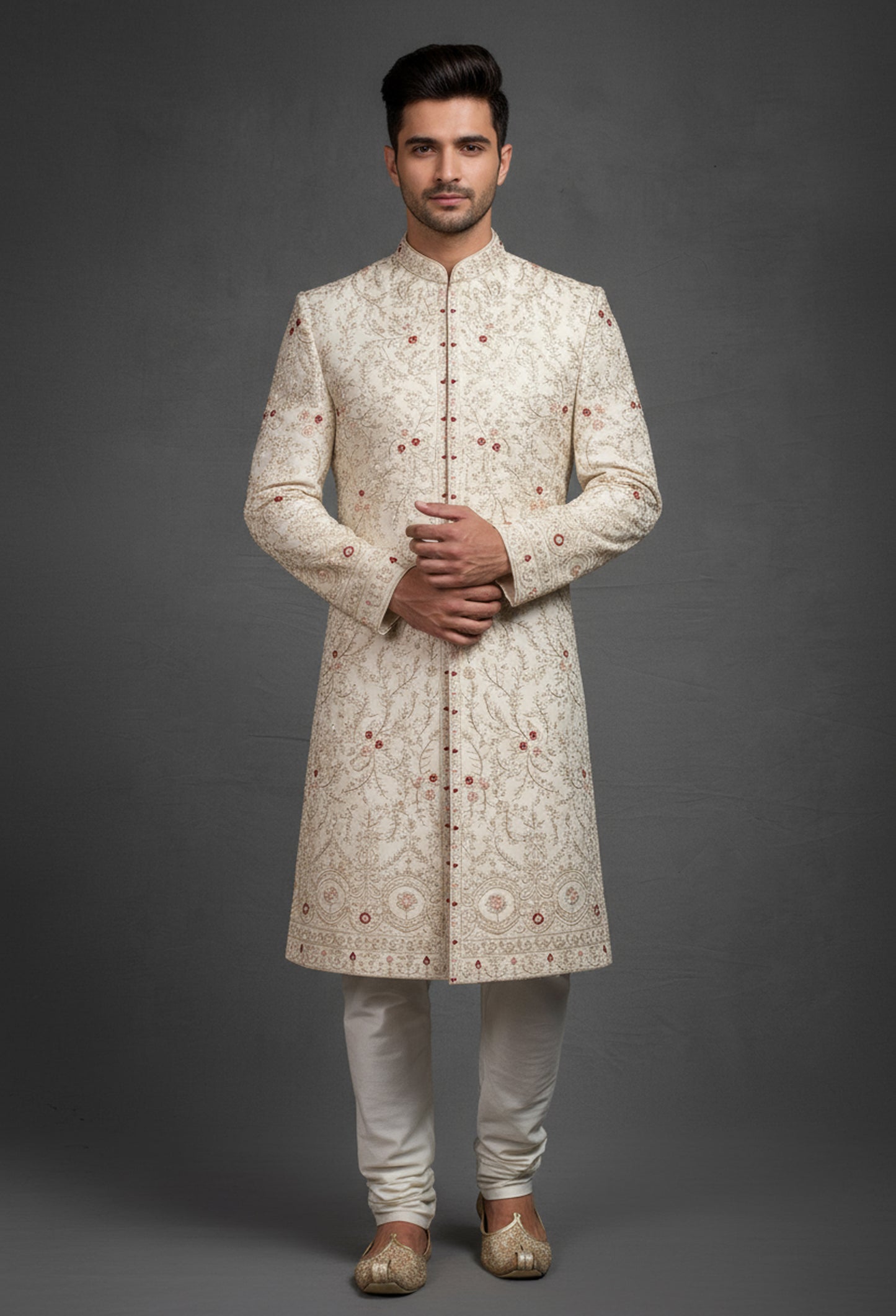 Cream Heavy Embroidered Sherwani for Men