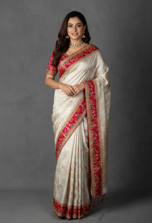 Ivory and Red Banarasi Silk Saree with Hand-Embroidered Blouse