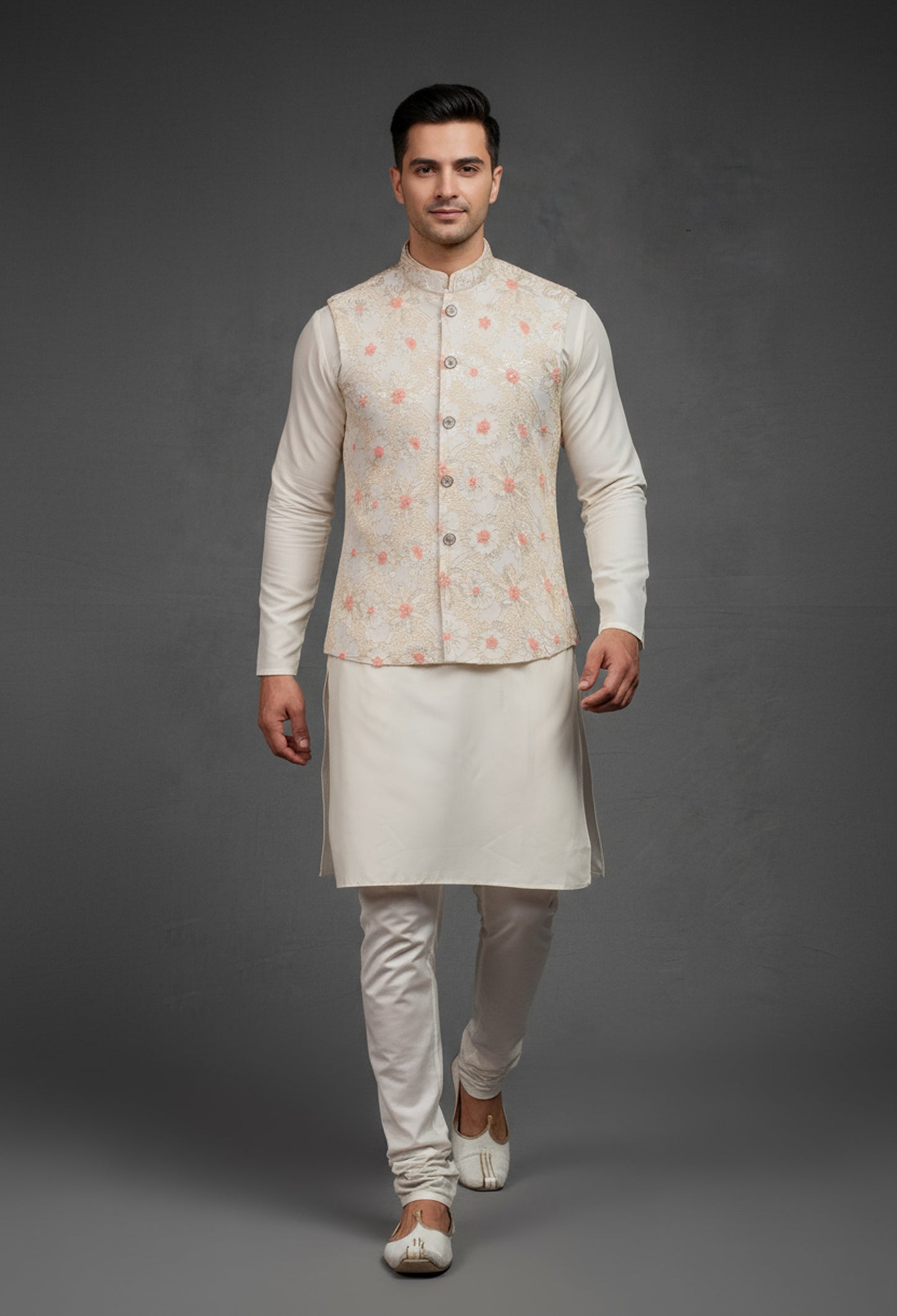 Cream Floral Embroidered Kurta for MenCream Floral Embroidered Kurta for Men