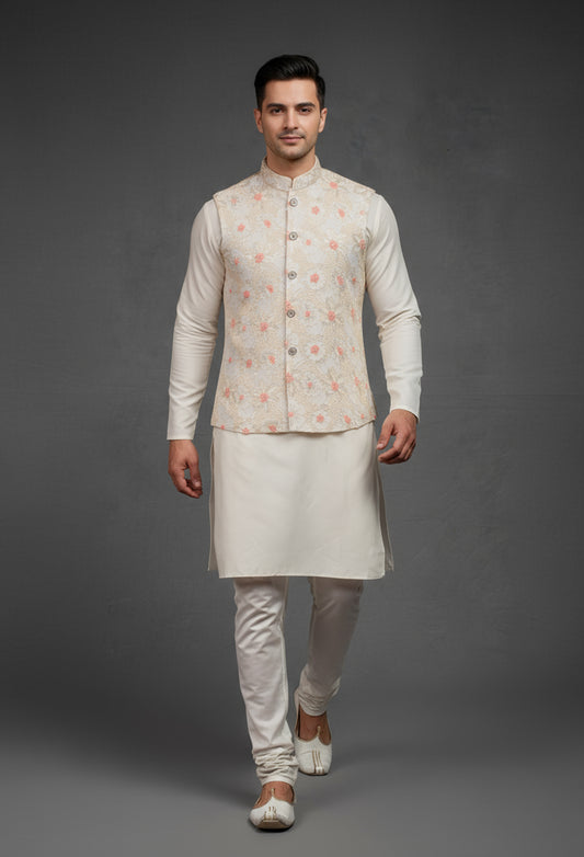 Cream Floral Embroidered Kurta for MenCream Floral Embroidered Kurta for Men