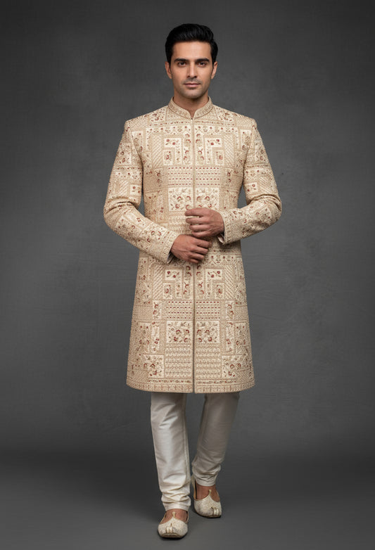 Beige Embroidered Kurta for Men