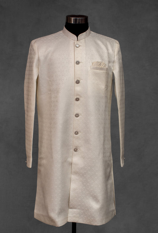 Cream silk jacquard kurta for men with mandarin collar – product image 2