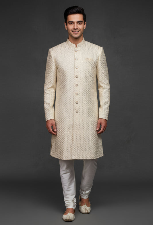 Cream Textured Sherwani for Men