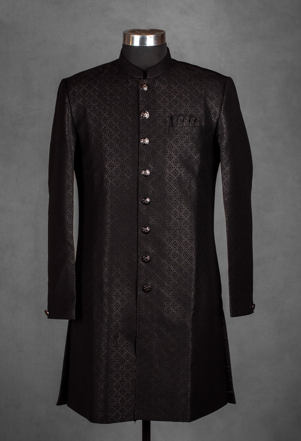 Black self-textured jacquard sherwani for men – alternate view 2
