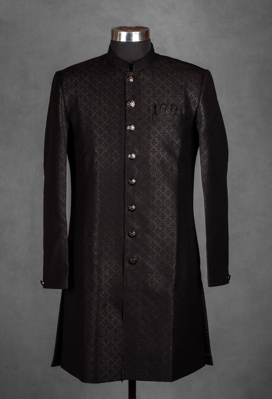 Black self-textured jacquard sherwani for men – alternate view 2