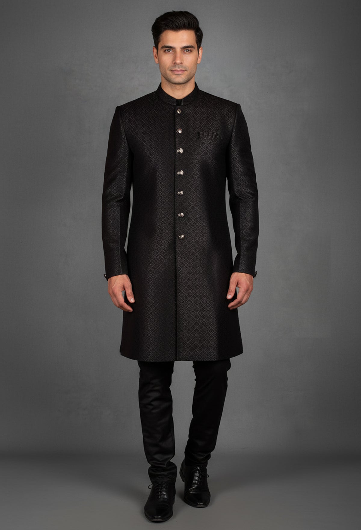 Black self-textured jacquard sherwani for men