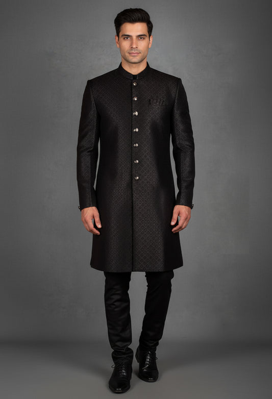 Black self-textured jacquard sherwani for men