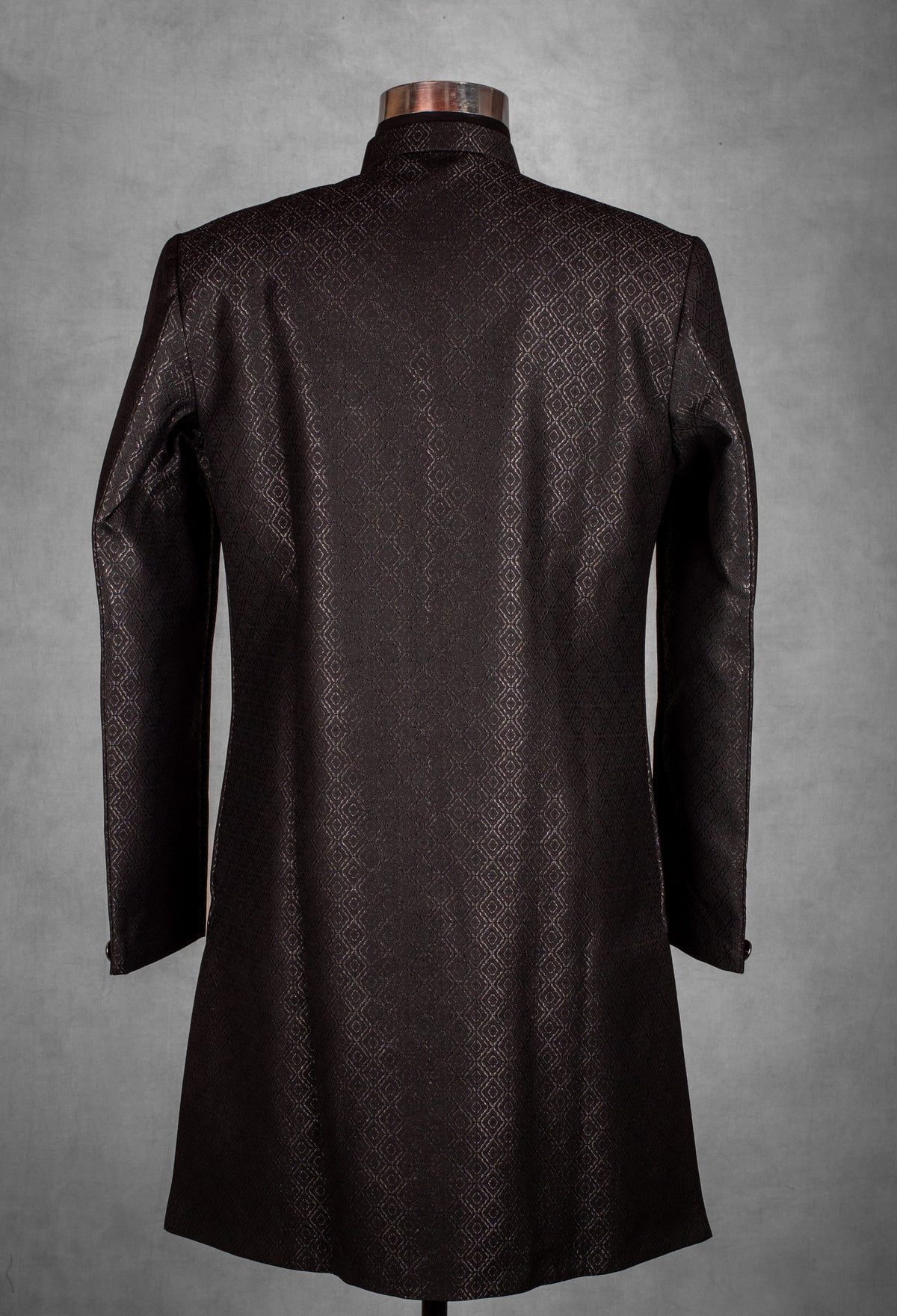 Black self-textured jacquard sherwani for men – alternate view 3