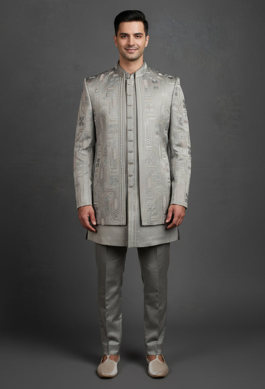 Silver Grey Embroidered Indo-Western Jacket for Men