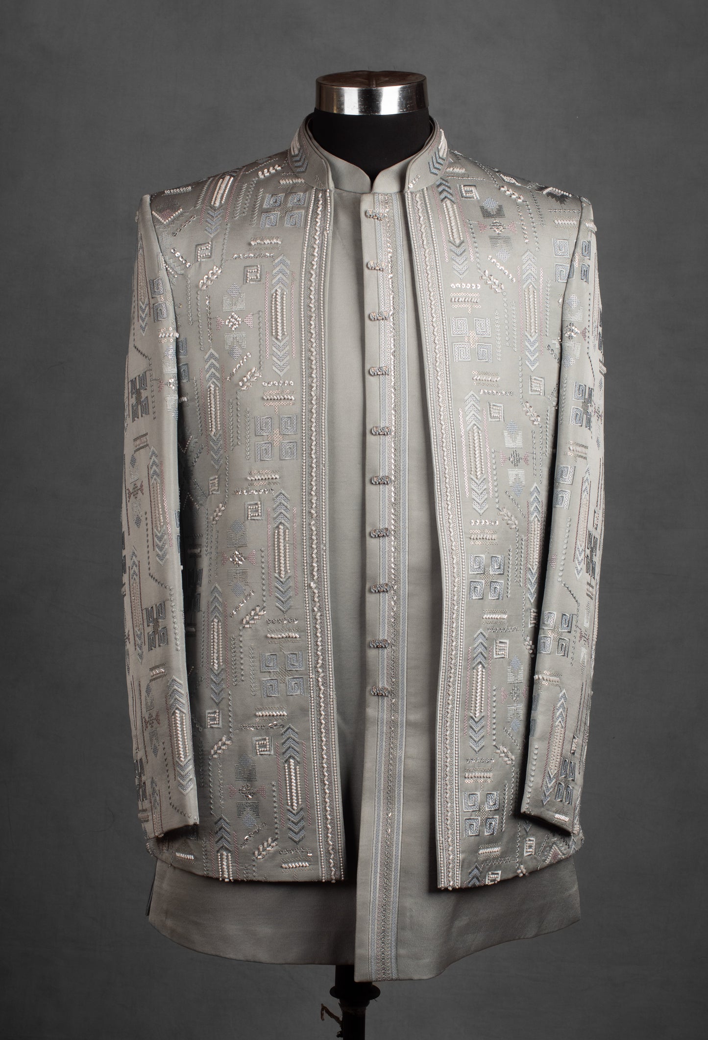 Silver Grey Embroidered Indo-Western Jacket for Men