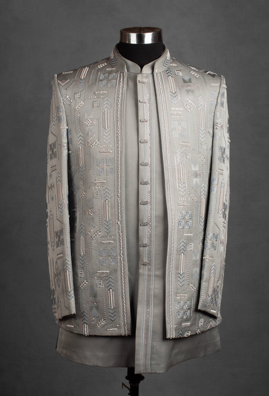 Silver grey embroidered Indo-Western jacket for men – product image 2