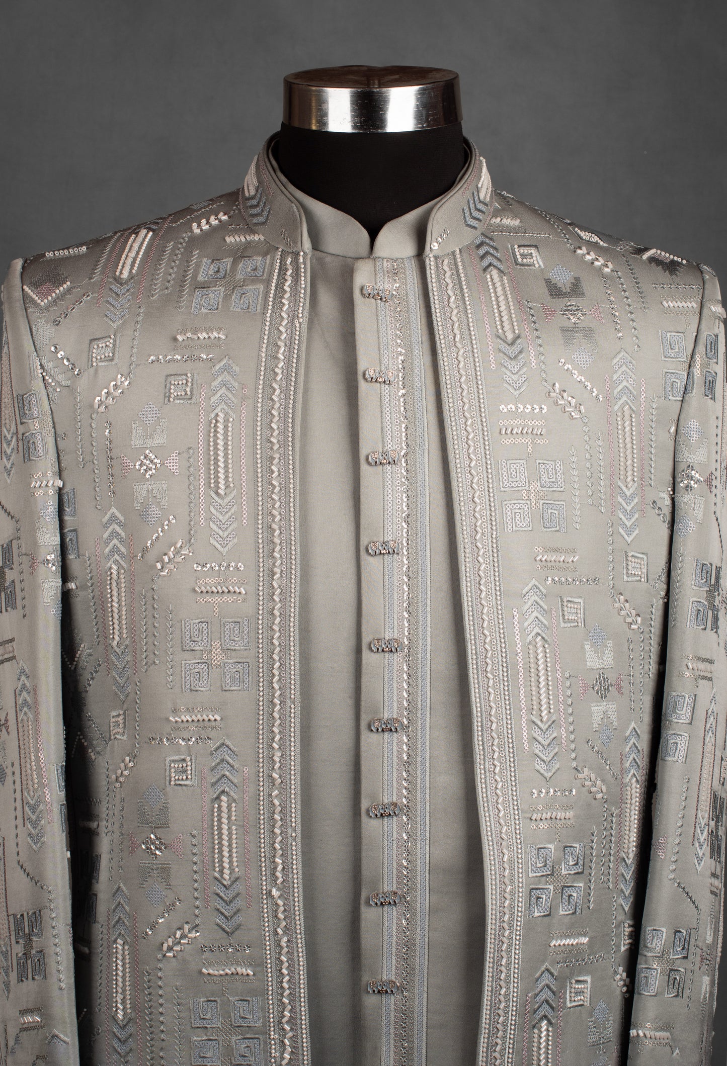 Silver Grey Embroidered Indo-Western Jacket for Men