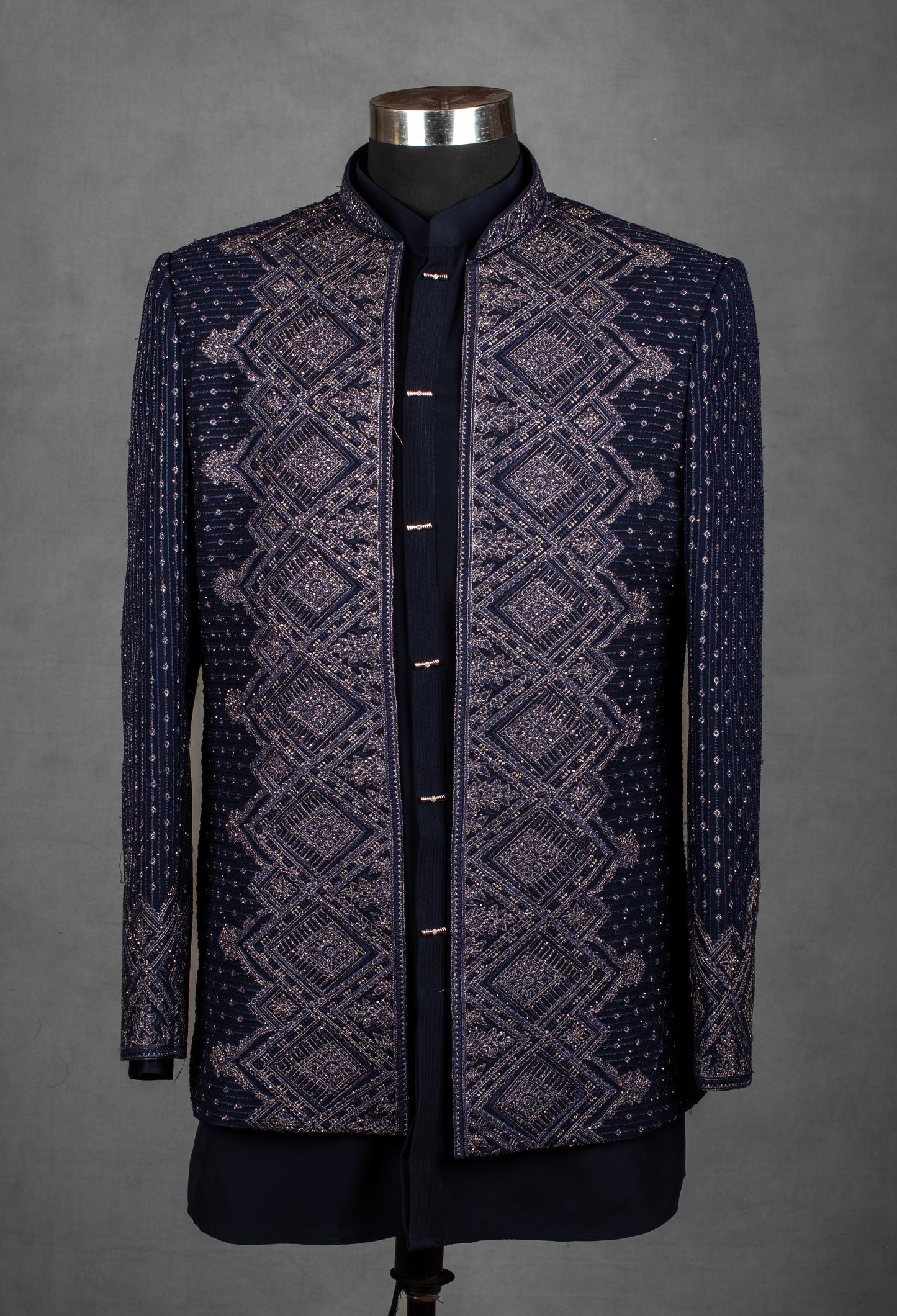 Navy Blue Embroidered Indo-Western Jacket for Men