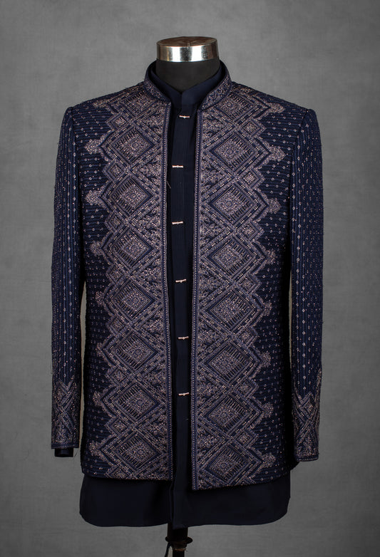 Navy blue embroidered Indo-Western jacket for men – product image 2