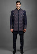 Navy Blue Embroidered Indo-Western Jacket for Men