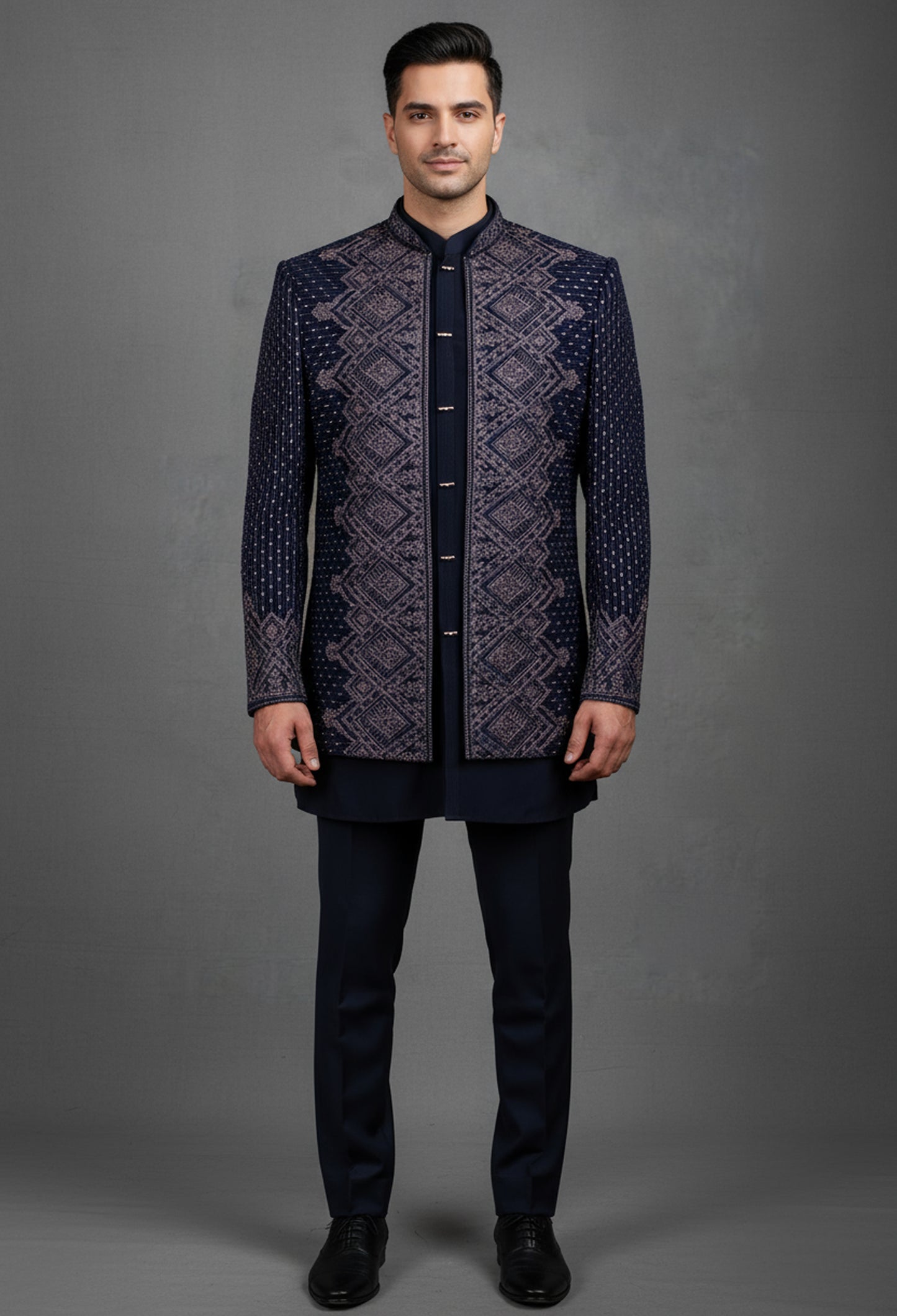Navy Blue Embroidered Indo-Western Jacket for Men