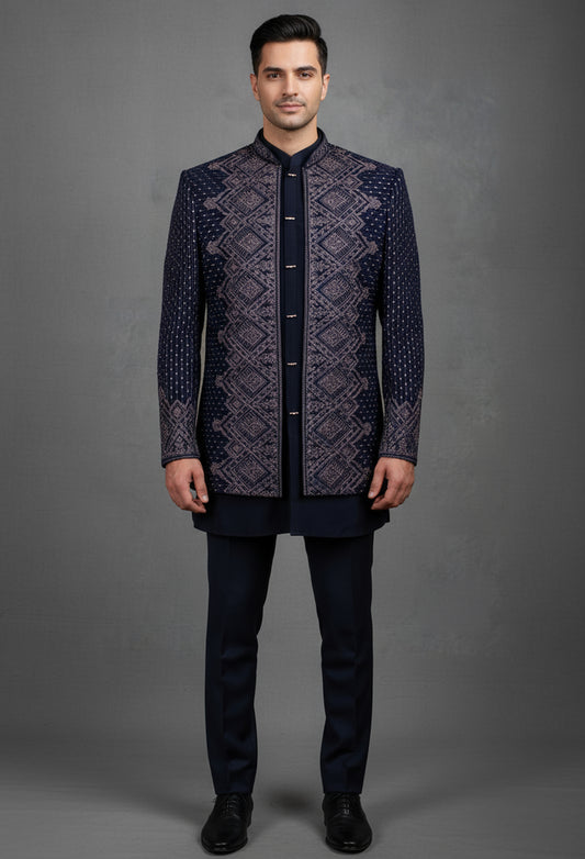 Navy Blue Embroidered Indo-Western Jacket for Men