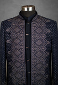 Navy Blue Embroidered Indo-Western Jacket for Men