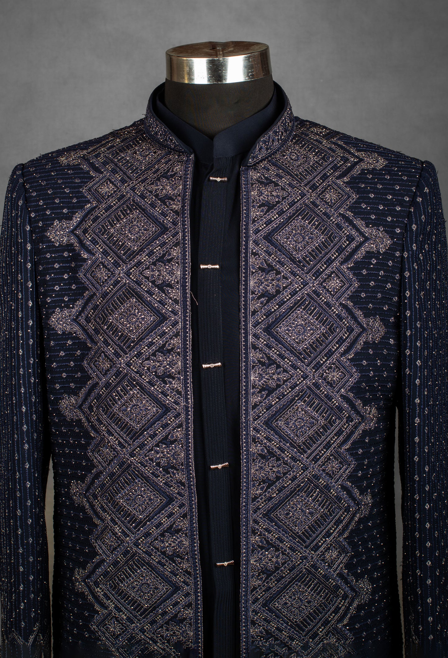 Navy Blue Embroidered Indo-Western Jacket for Men