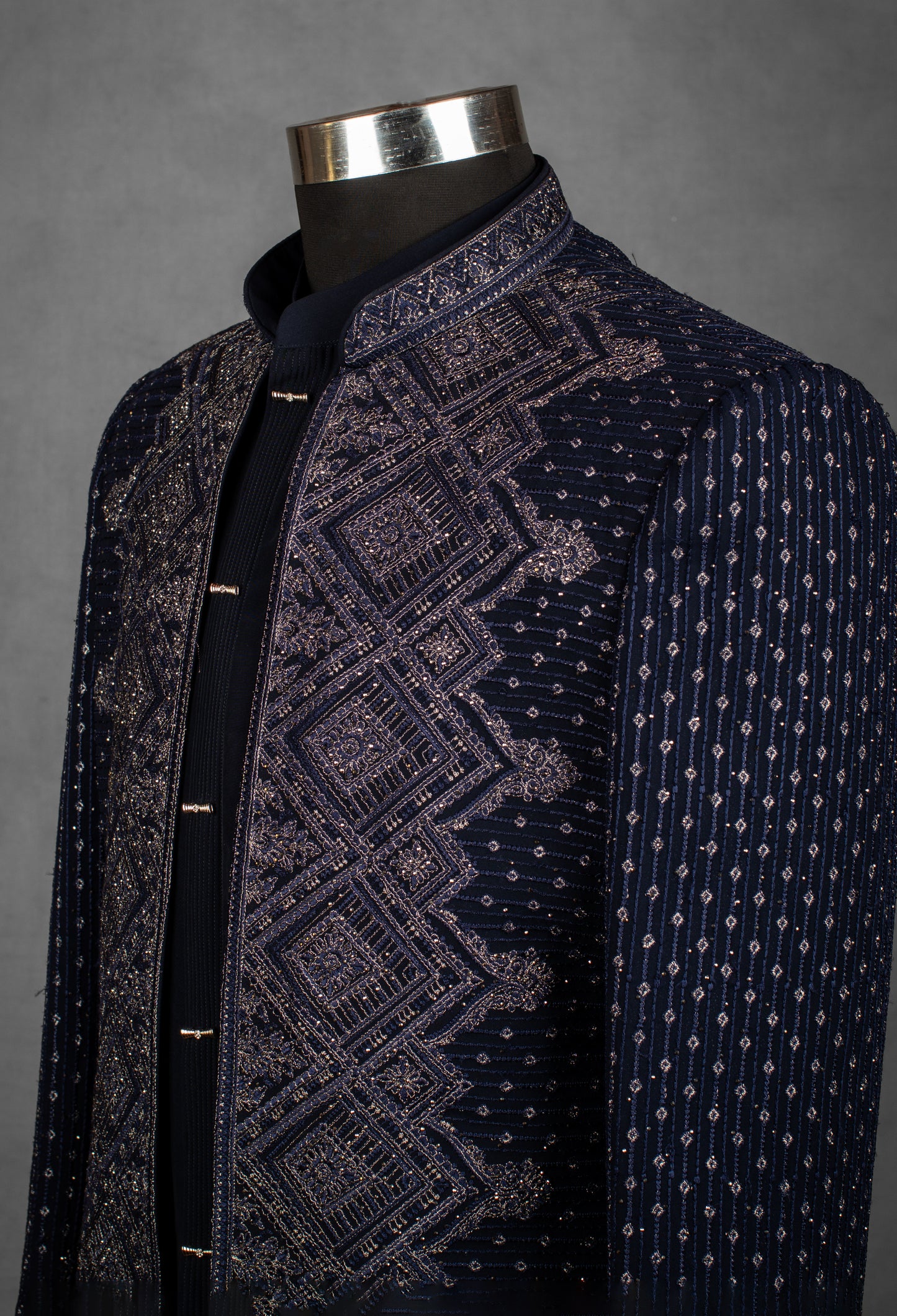 Navy Blue Embroidered Indo-Western Jacket for Men