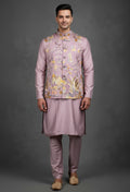 Mauve Floral Embroidered Nehru Jacket Set for Men