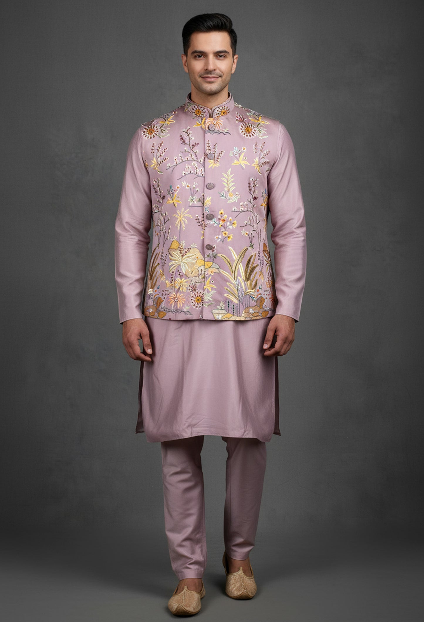 Mauve Floral Embroidered Nehru Jacket Set for Men