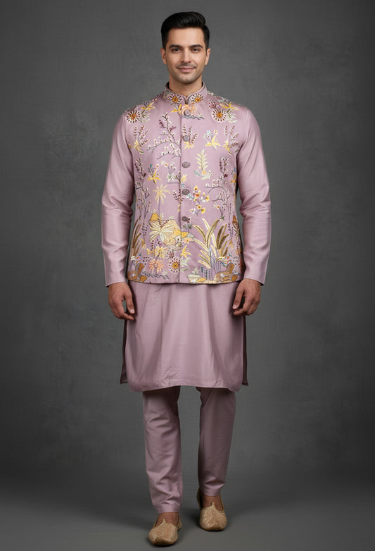 Mauve Floral Embroidered Nehru Jacket Set for Men