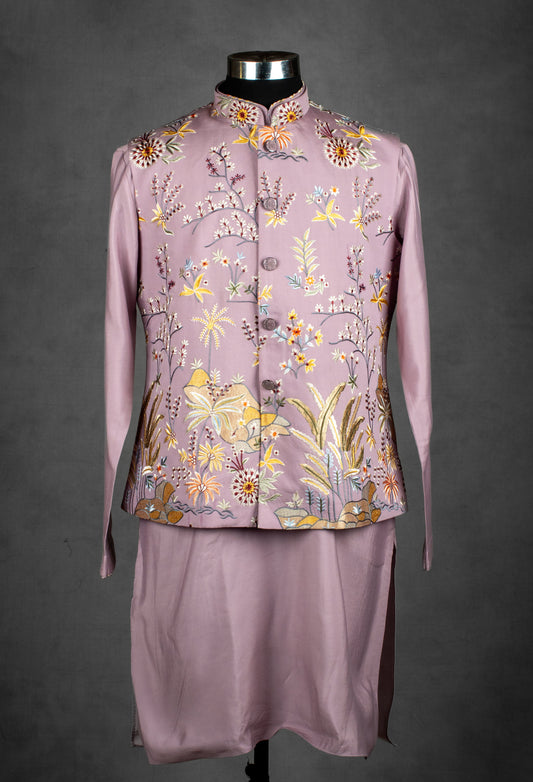 Mauve floral embroidered Nehru jacket and kurta set for men – product image 2