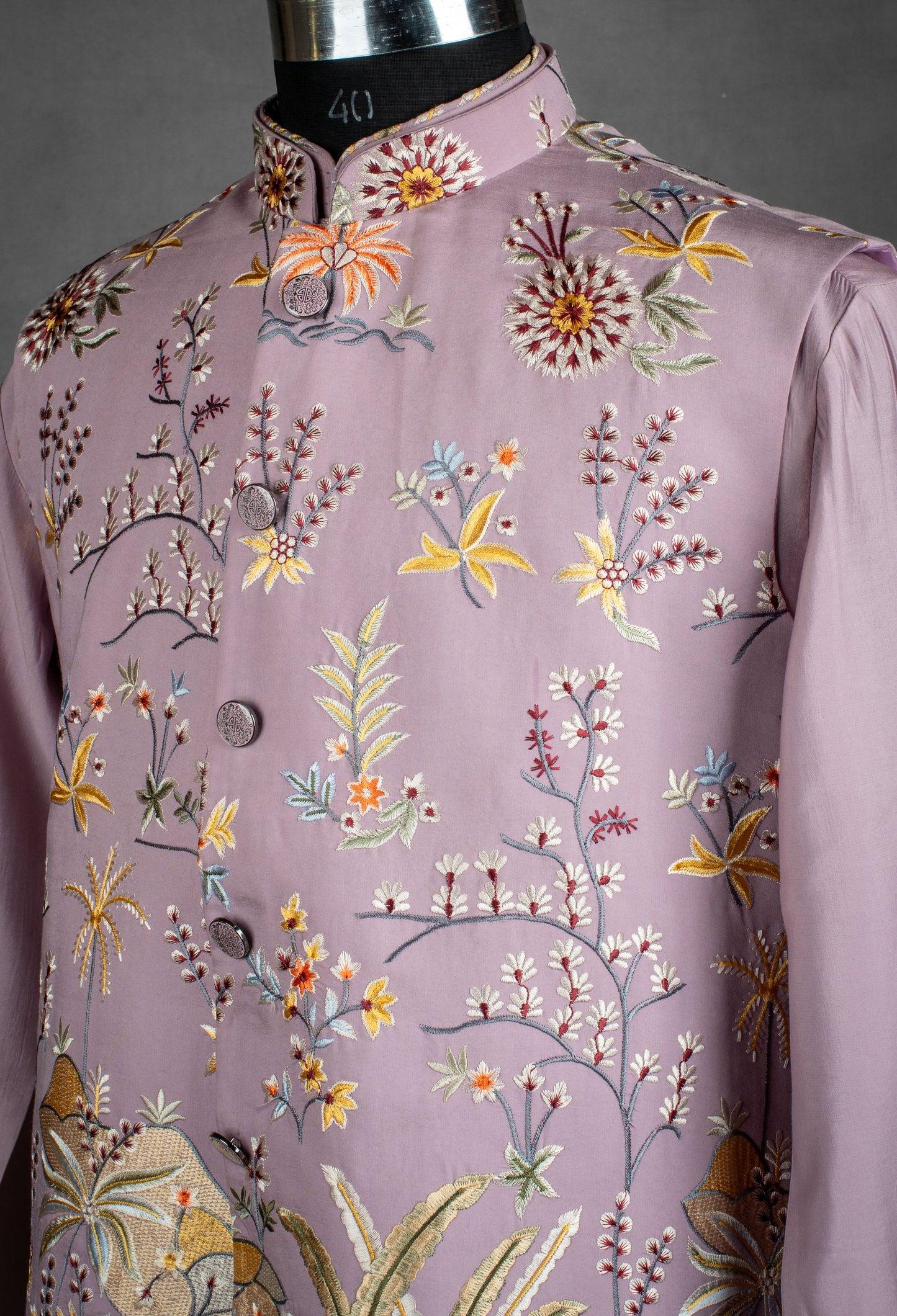 Mauve Floral Embroidered Nehru Jacket Set for Men