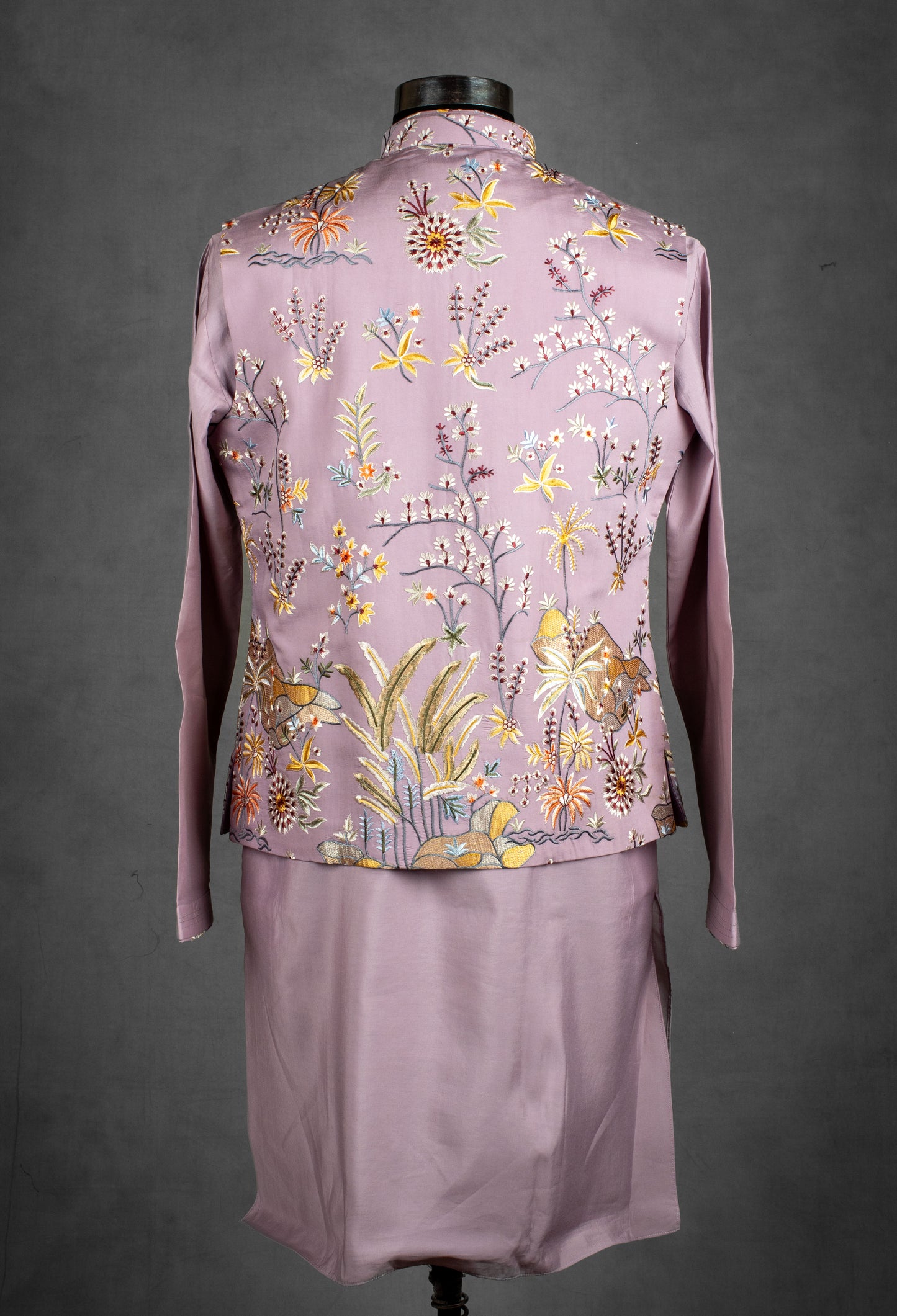 Mauve Floral Embroidered Nehru Jacket Set for Men
