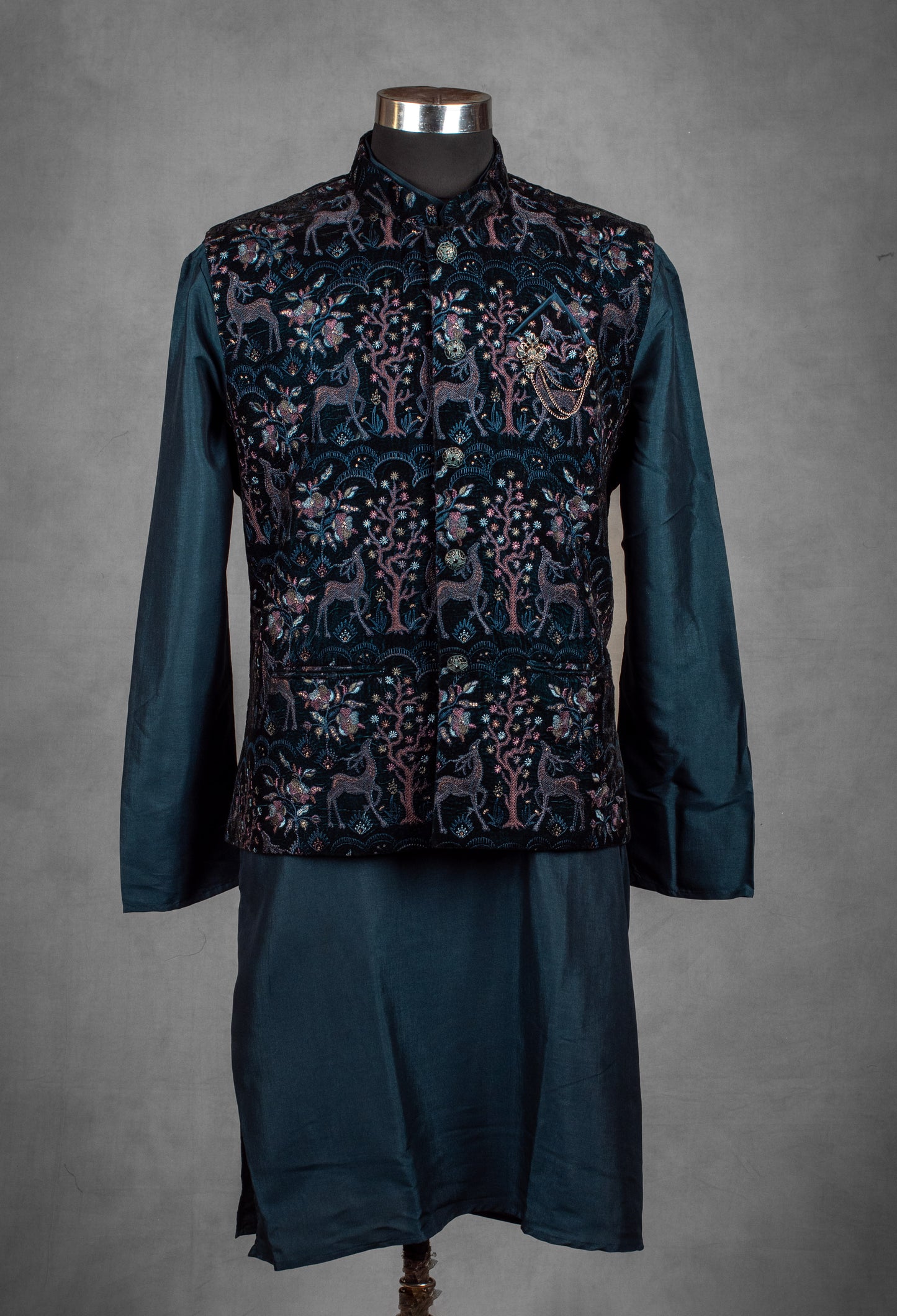 Teal Embroidered Nehru Jacket Set for Men