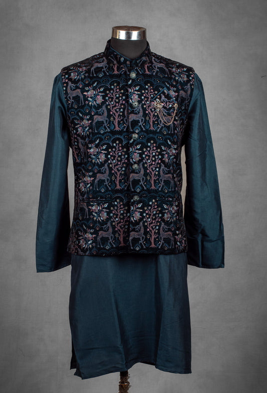 Teal embroidered Nehru jacket and kurta set for men – product image 2