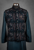 Teal Embroidered Nehru Jacket Set for Men