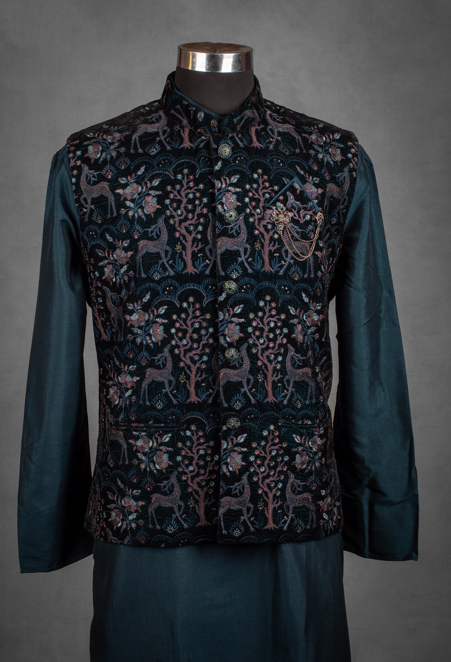 Teal Embroidered Nehru Jacket Set for Men