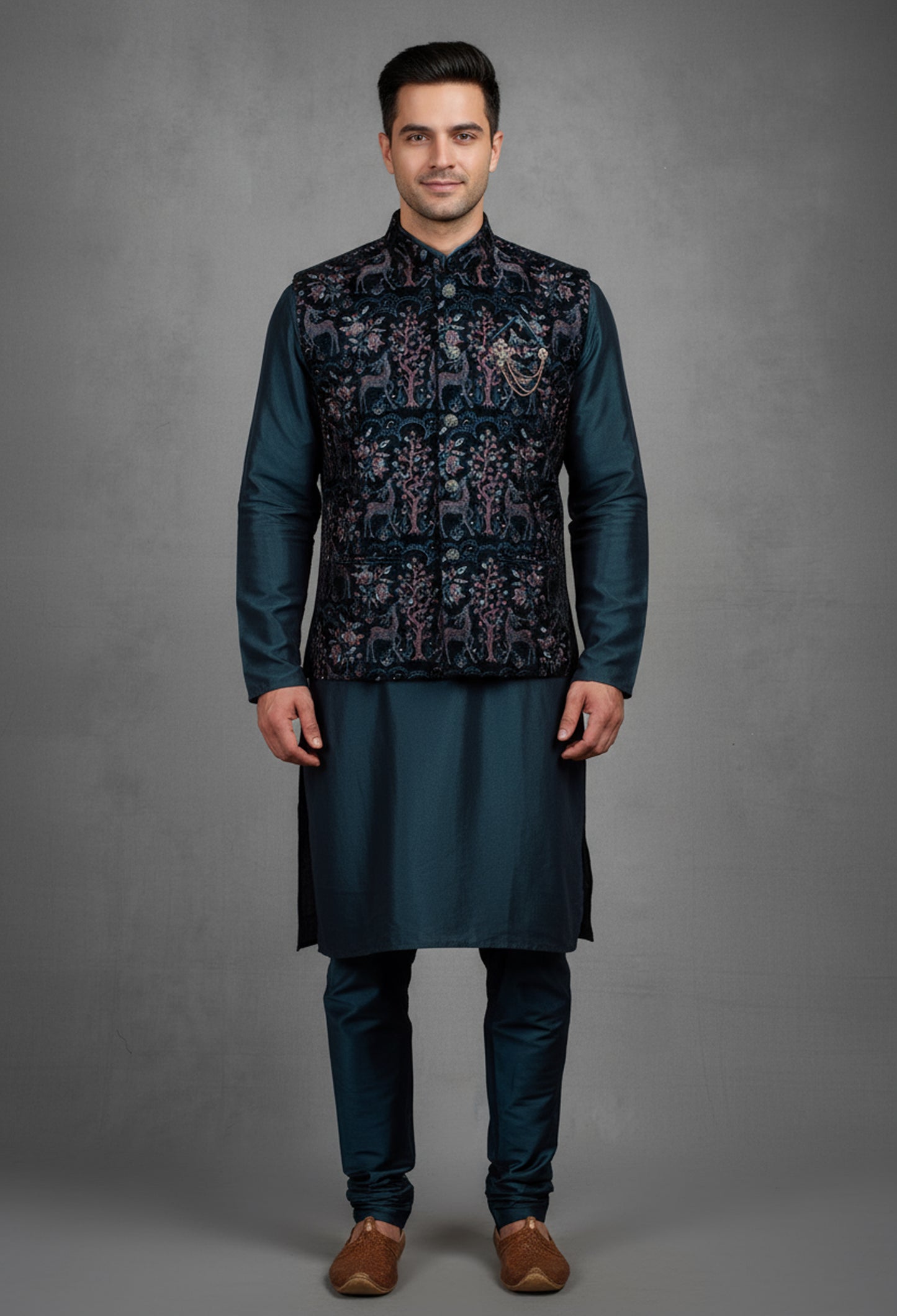 Teal Embroidered Nehru Jacket Set for Men