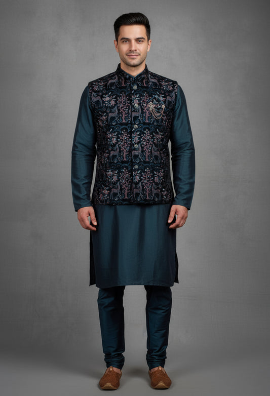 Teal Embroidered Nehru Jacket Set for Men