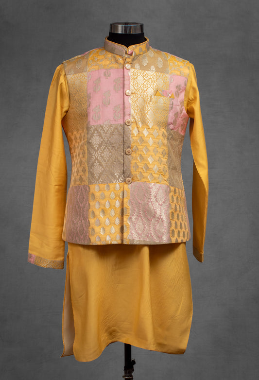 Mustard yellow Banarasi patchwork silk kurta for men – product image 2