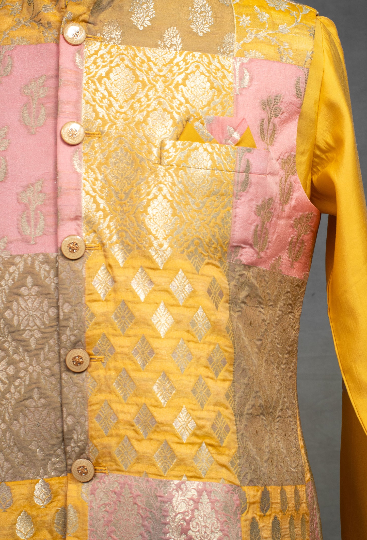 Mustard Yellow Banarasi Patchwork Silk Kurta for Men