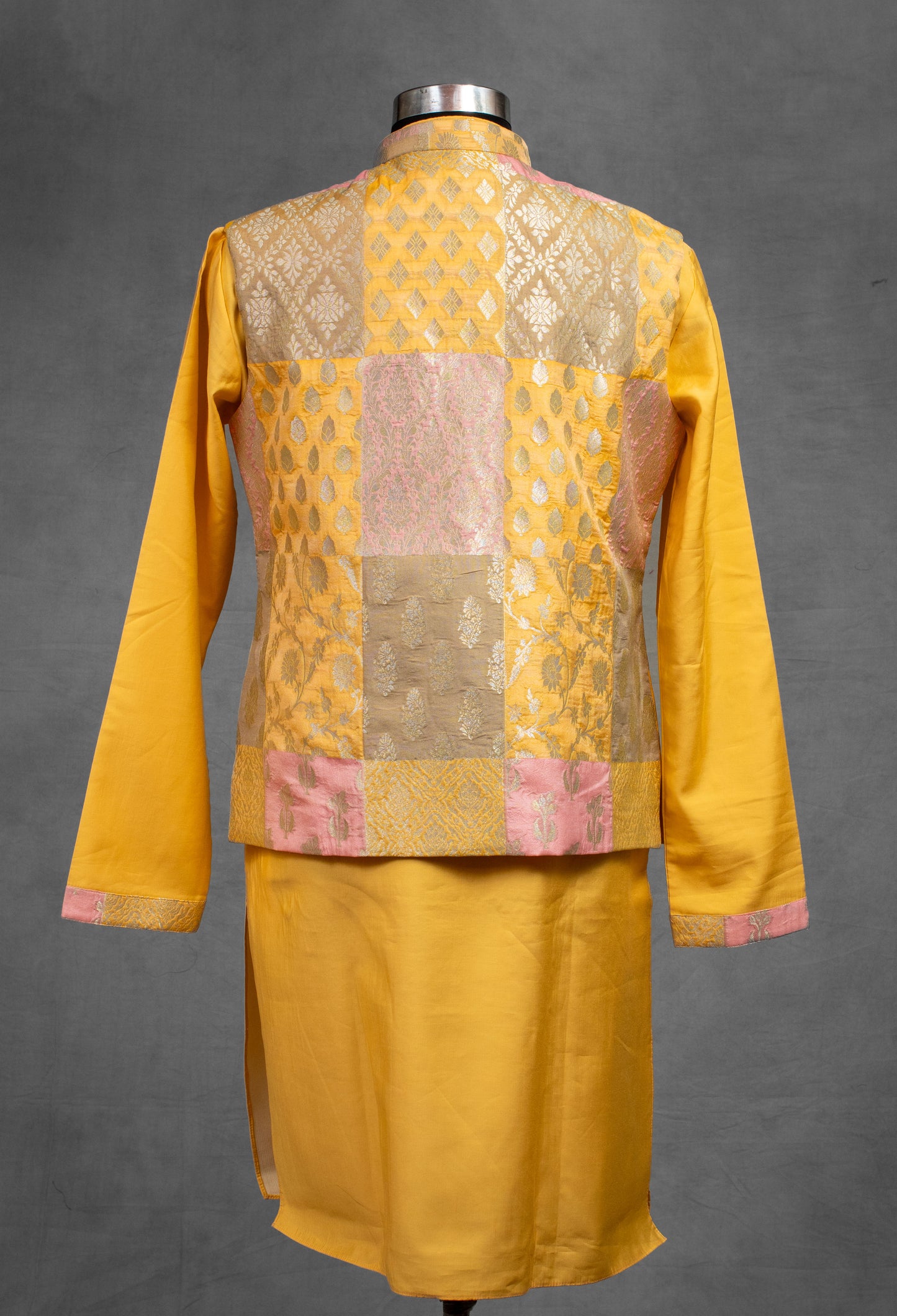 Mustard Yellow Banarasi Patchwork Silk Kurta for Men